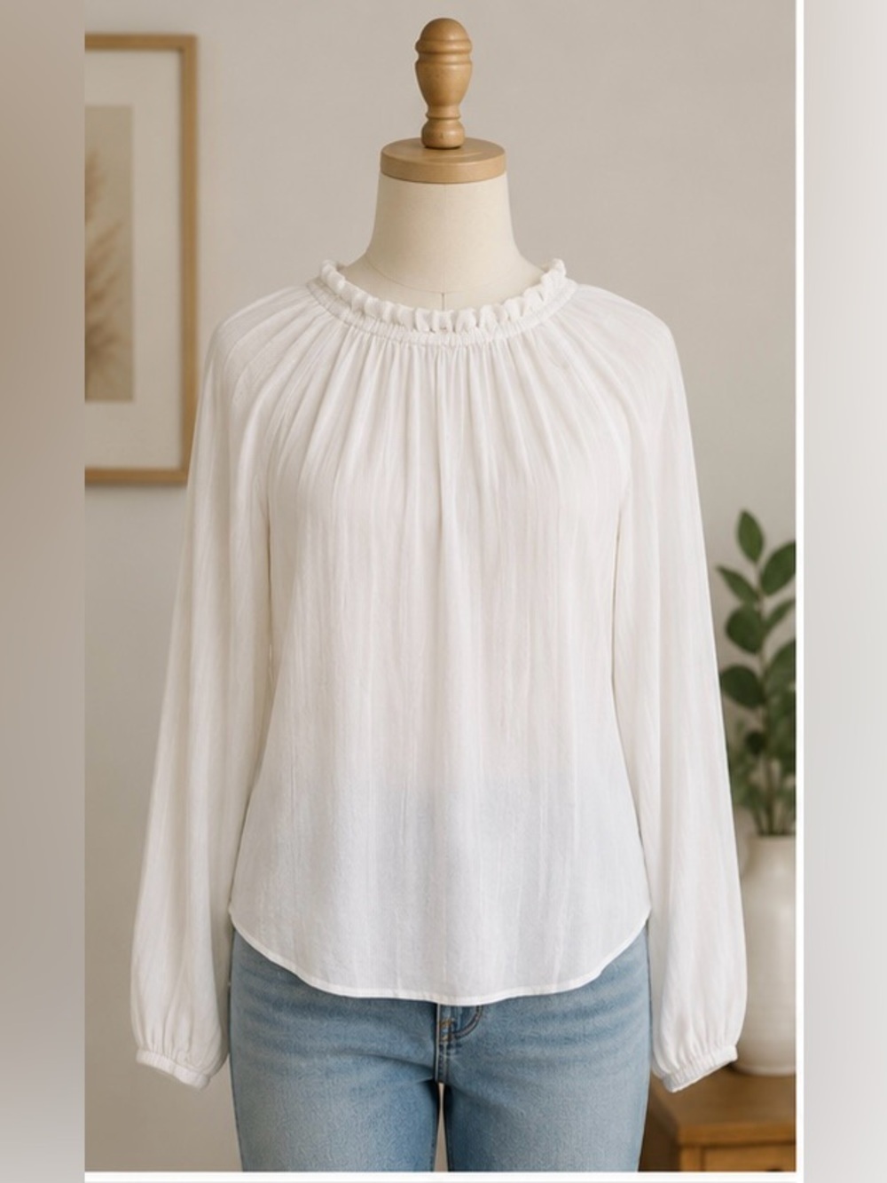 Cloth & Stone White Ruffle Neck Long Sleeve Blouse XS Boho Peasant Top